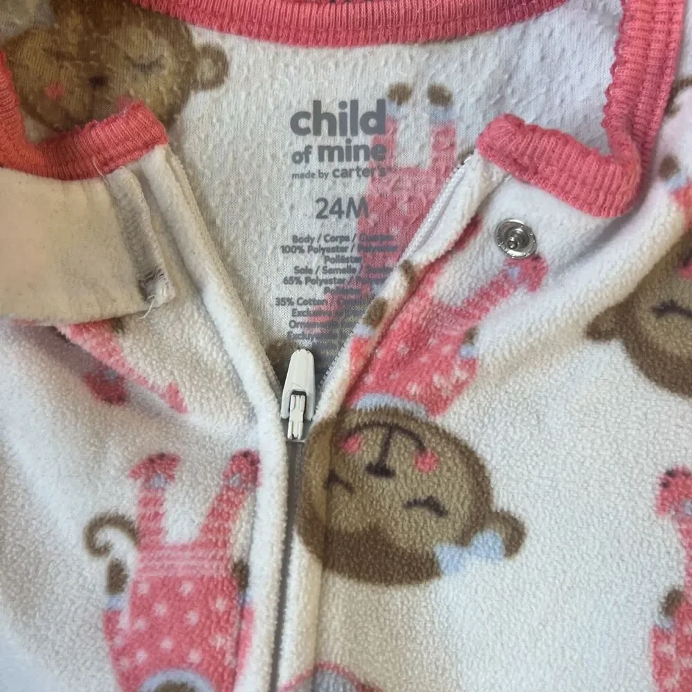 Carters Super Comfy Fleece 24 Months One Piece Pajamas‎ White Pink Monkey Feet